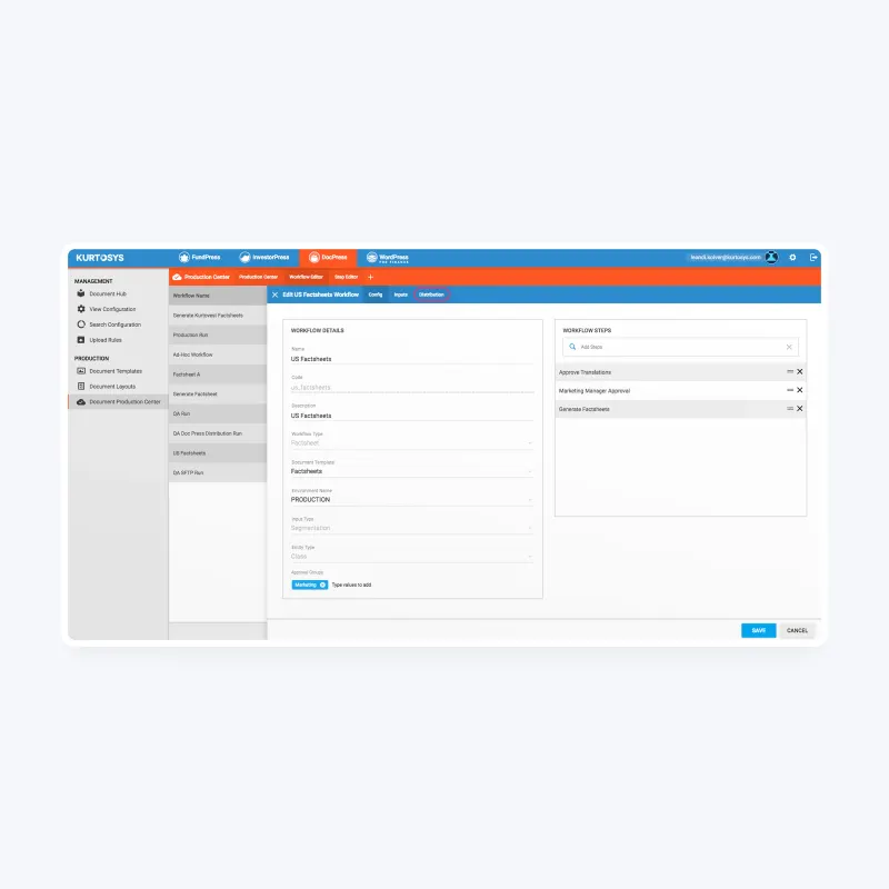The Kurtosys platform before redesign, showing fragmented navigation and inconsistent branding.