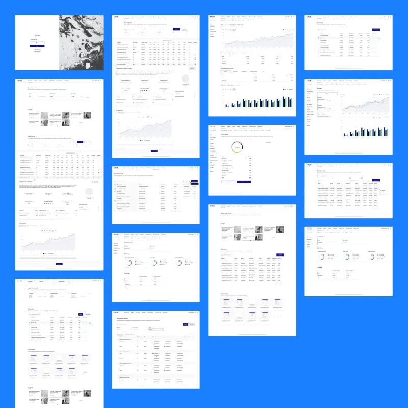 Kapital template library: the full set of screens across login, dashboard, fund centre, portfolio tools, and document management, restyled per client.
